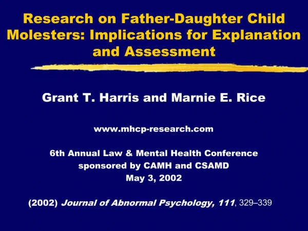 Research on Father-Daughter Child Molesters: Implications for Explanation and Assessment
