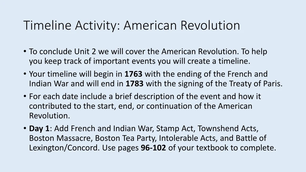 timeline activity american revolution