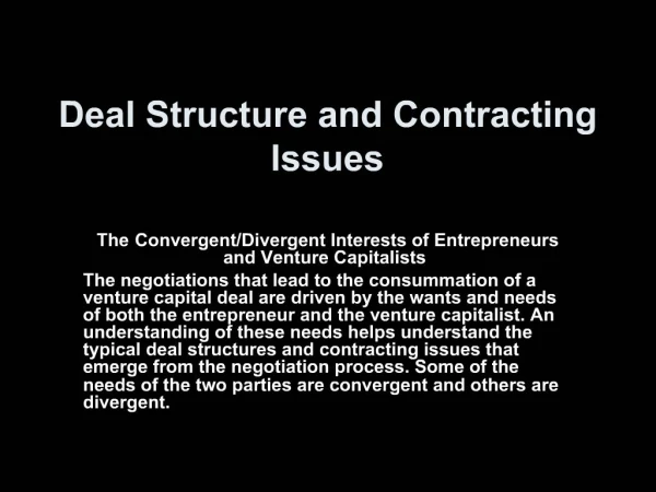 Deal Structure and Contracting Issues