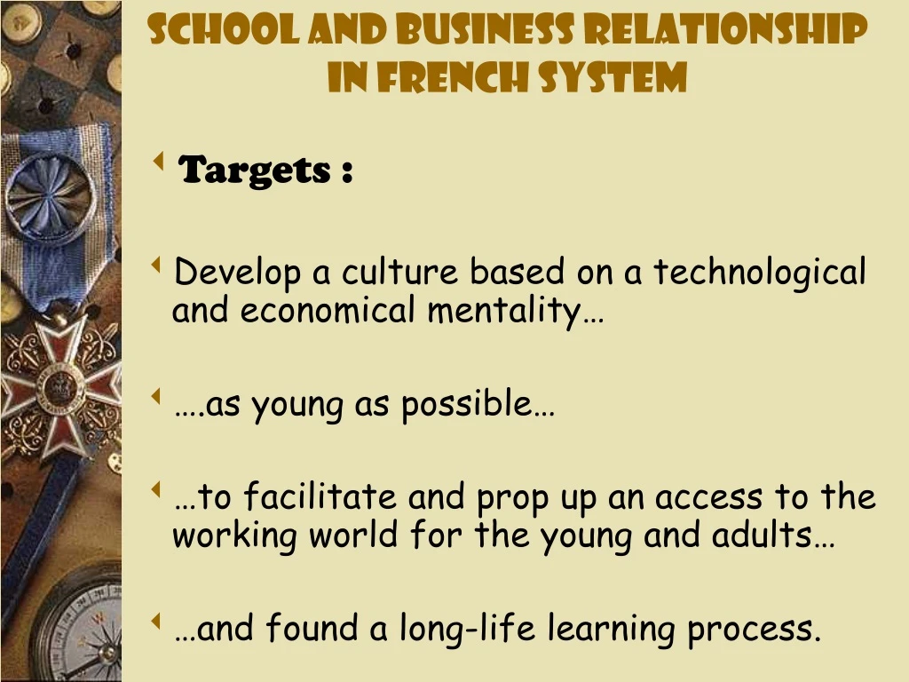 school and business relationship in french system