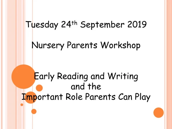 Tuesday 24 th September 2019 Nursery Parents Workshop Early Reading and Writing and the