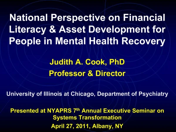 National Perspective on Financial Literacy Asset Development for People in Mental Health Recovery