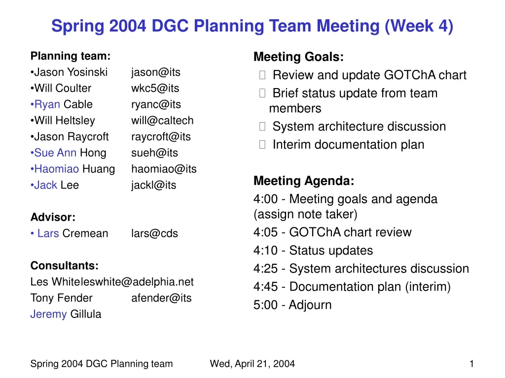 spring 2004 dgc planning team meeting week 4
