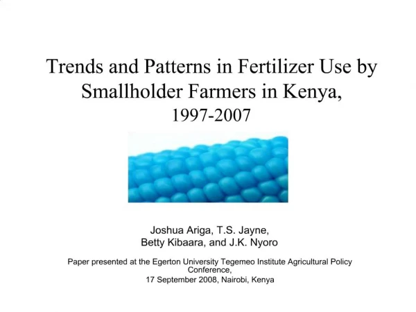 Trends and Patterns in Fertilizer Use by Smallholder Farmers in Kenya, 1997-2007