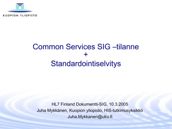 Common Services SIG tilanne Standardointiselvitys