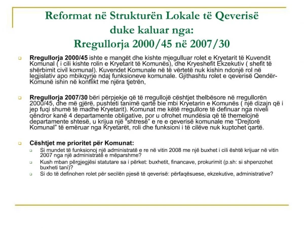 Reformat n Struktur n Lokale t Qeveris duke kaluar nga: Rregullorja 2000