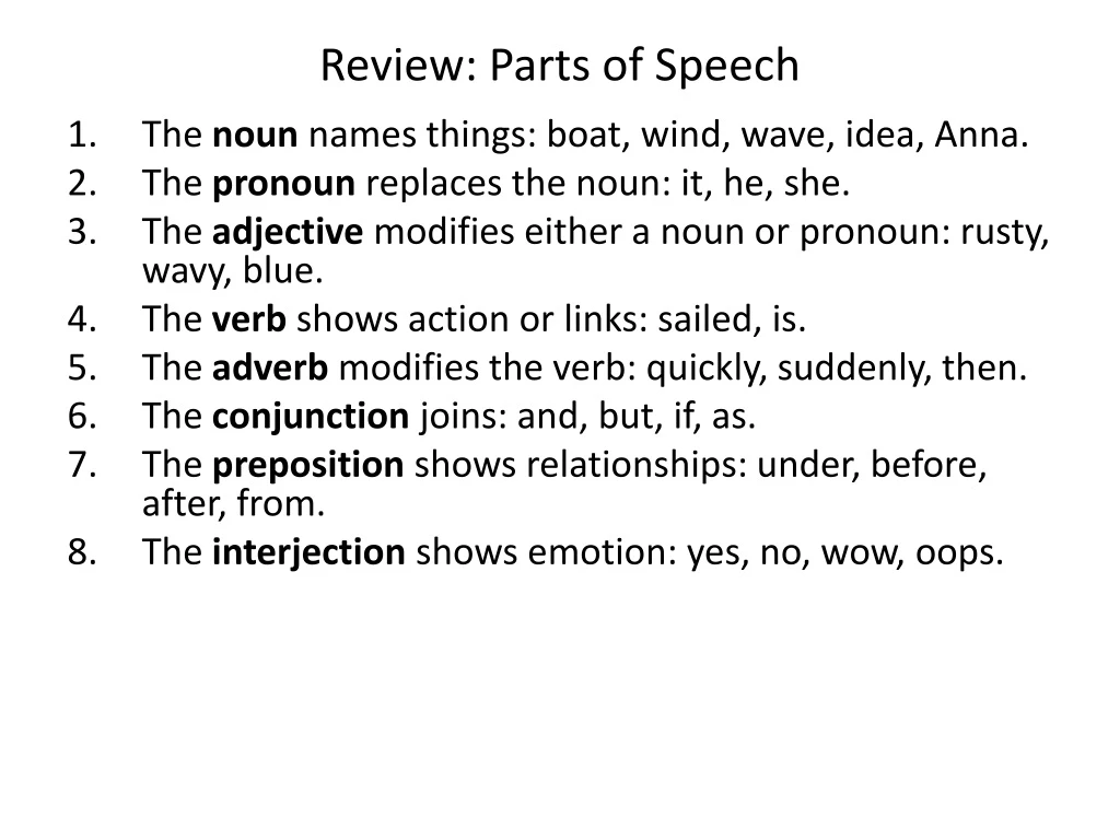 review parts of speech