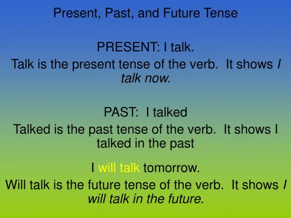 Present, Past, and Future Tense PRESENT: I talk.