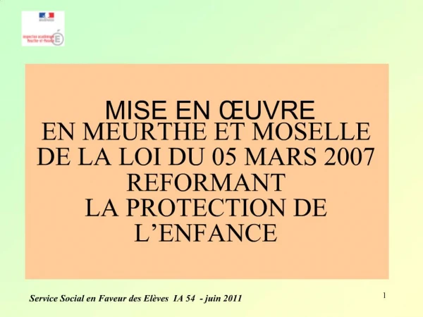MISE EN UVRE EN MEURTHE ET MOSELLE DE LA LOI DU 05 MARS 2007 REFORMANT LA PROTECTION DE L ENFANCE