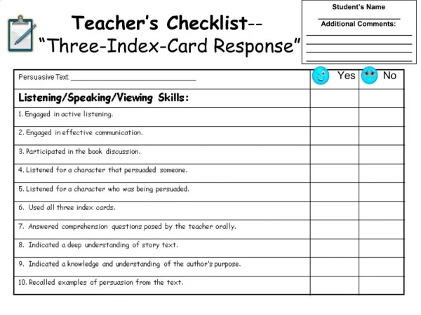 Teacher s Checklist-- Three-Index-Card Response