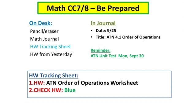 On Desk: Pencil/eraser Math Journal HW Tracking Sheet HW from Yesterday