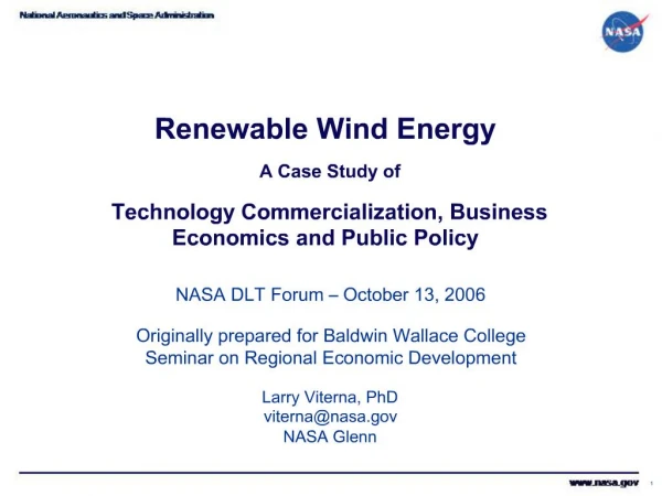 Renewable Wind Energy A Case Study of Technology Commercialization, Business Economics and Public Policy
