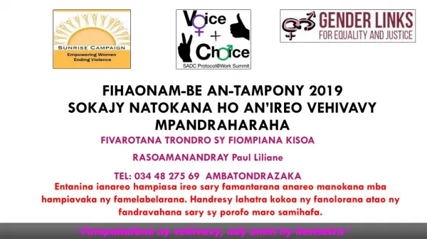 fihaonam be an tampony 2019 sokajy natokana ho an ireo vehivavy mpandraharaha