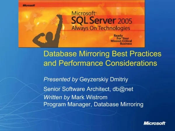 Database Mirroring Best Practices and Performance Considerations