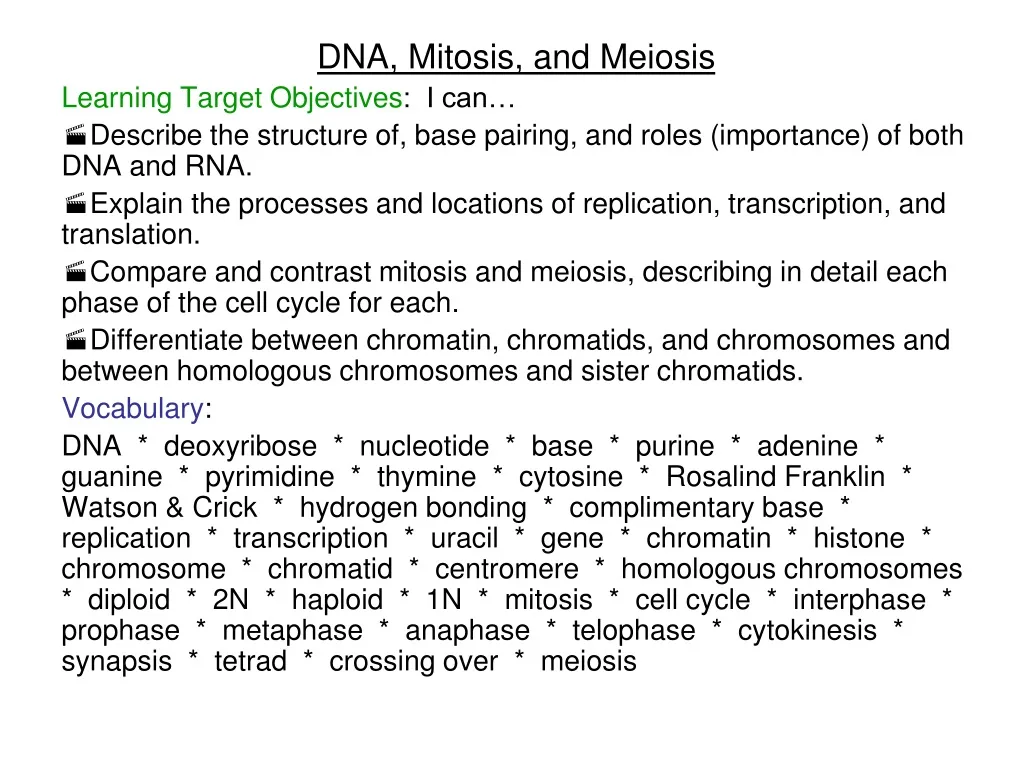 dna mitosis and meiosis learning target