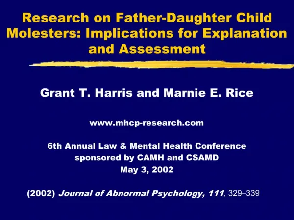 Research on Father-Daughter Child Molesters: Implications for Explanation and Assessment