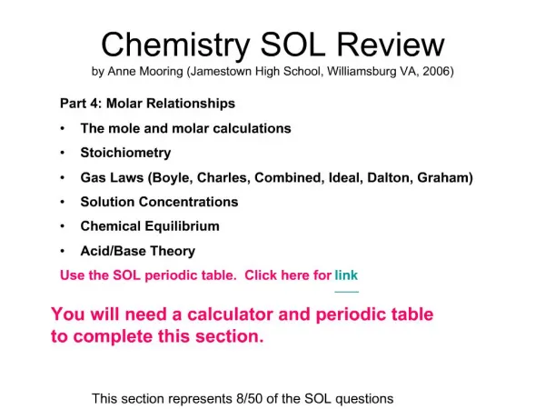 Chemistry SOL Review by Anne Mooring Jamestown High School, Williamsburg VA, 2006
