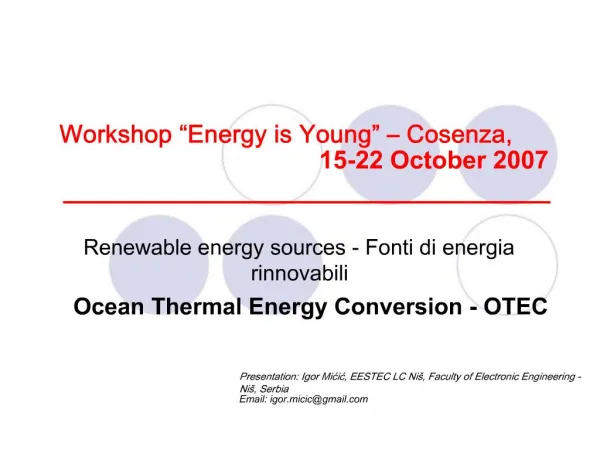 Workshop Energy is Young Cosenza, 15-22 October 2007 ___________________________________
