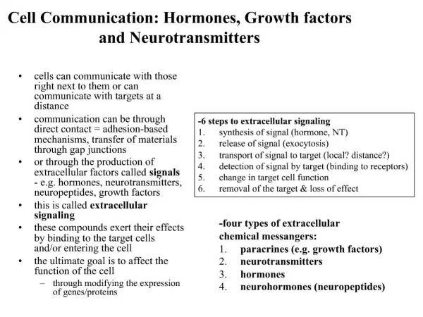 Cell Communication: Hormones, Growth factors and Neurotransmitters