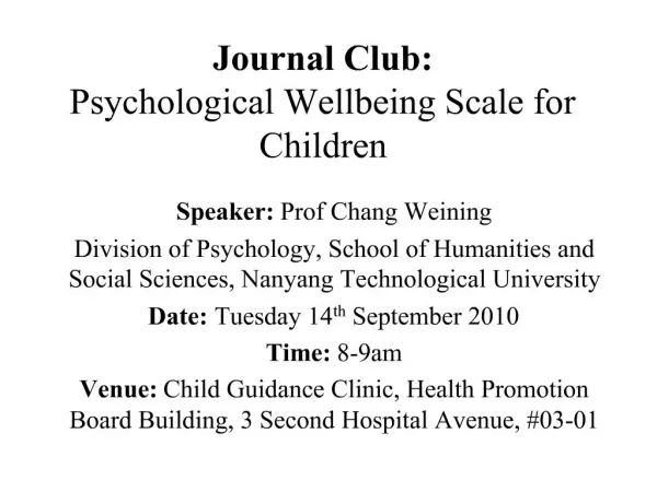 Journal Club: Psychological Wellbeing Scale for Children