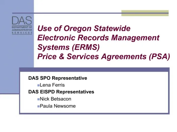 Use of Oregon Statewide Electronic Records Management Systems ERMS Price Services Agreements PSA