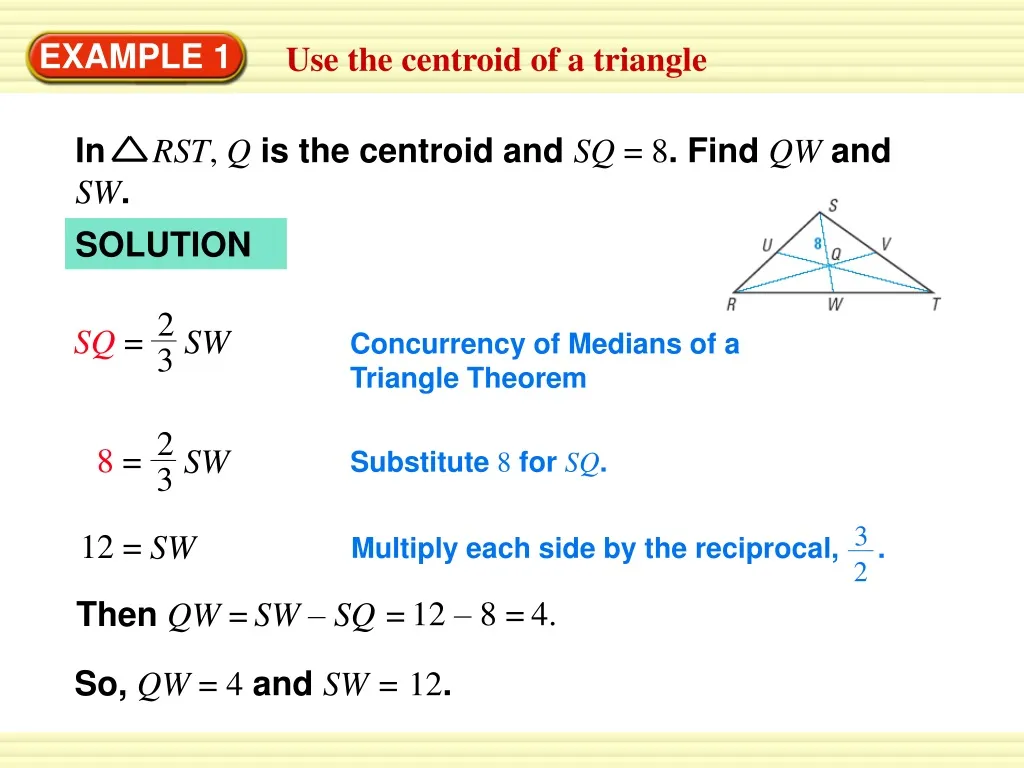 in rst q is the centroid and sq 8 find qw and sw