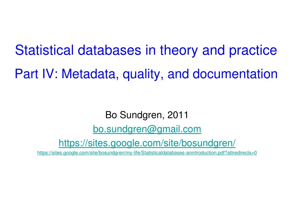 statistical databases in theory and practice part iv metadata quality and documentation