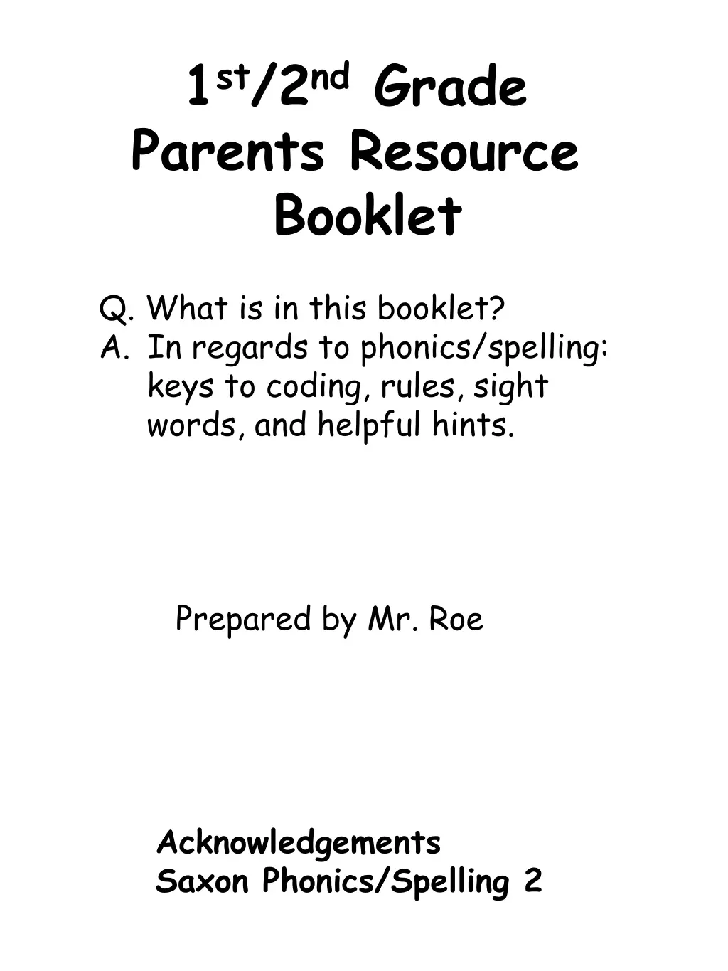 1 st 2 nd grade parents resource booklet