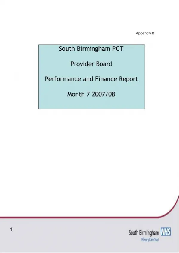South Birmingham PCT Provider Board Performance and Finance Report Month 7 2007