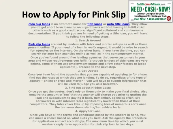How to Apply for Pink Slip Loans