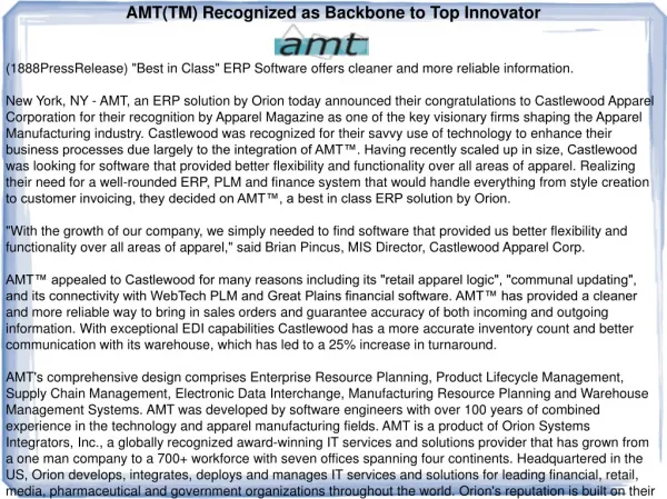 AMT(TM) Recognized as Backbone to Top Innovator