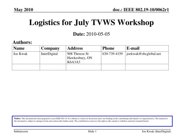 Logistics for July TVWS Workshop