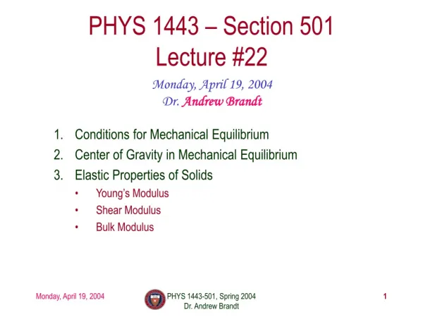 PHYS 1443 – Section 501 Lecture #22
