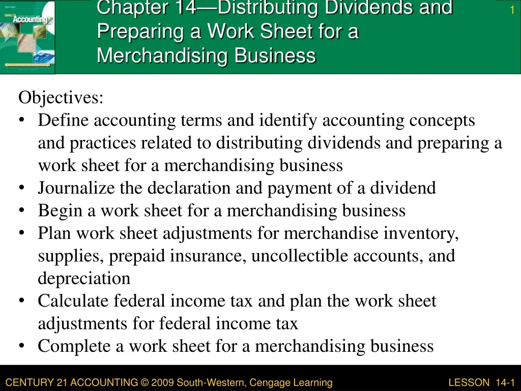 chapter 14 distributing dividends and preparing a work sheet for a merchandising business