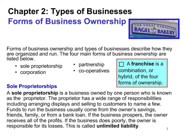 Chapter 2: Types of Businesses Forms of Business Ownership