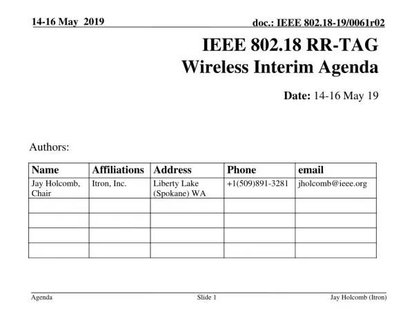 IEEE 802.18 RR-TAG Wireless Interim Agenda