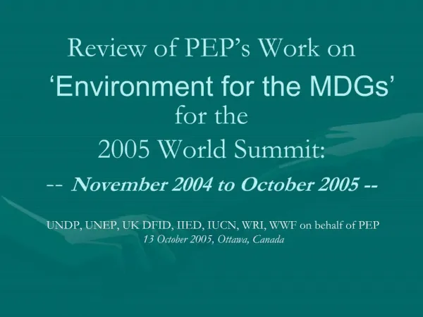 Review of PEP s Work on Environment for the MDGs for the 2005 World Summit: -- November 2004 to October 2005 --