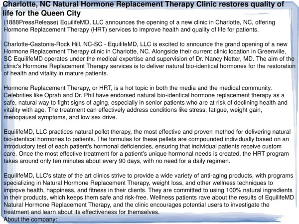 Charlotte, NC Natural Hormone Replacement Therapy Clinic res
