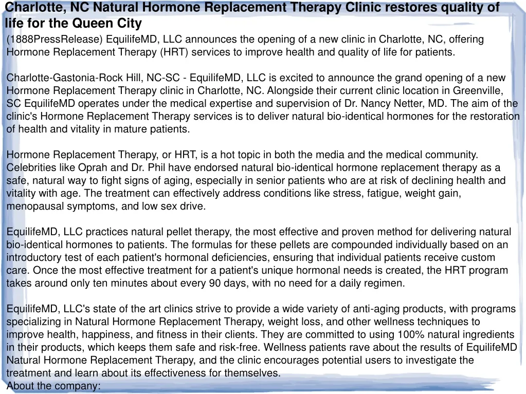 charlotte nc natural hormone replacement therapy