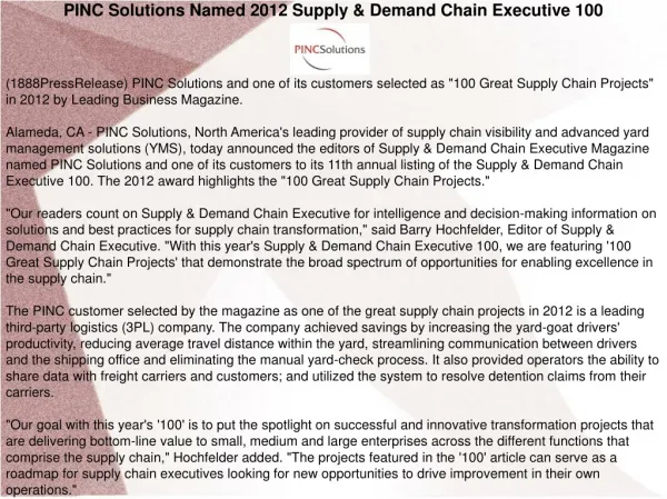 PINC Solutions Named 2012 Supply & Demand Chain Executive 10