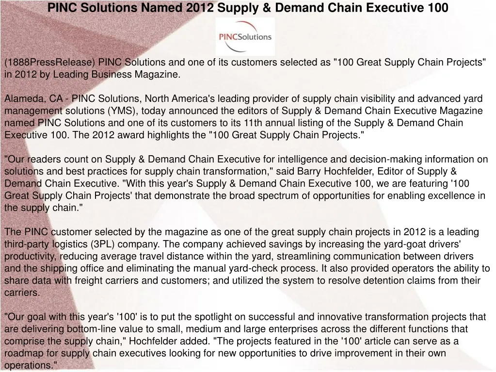 pinc solutions named 2012 supply demand chain