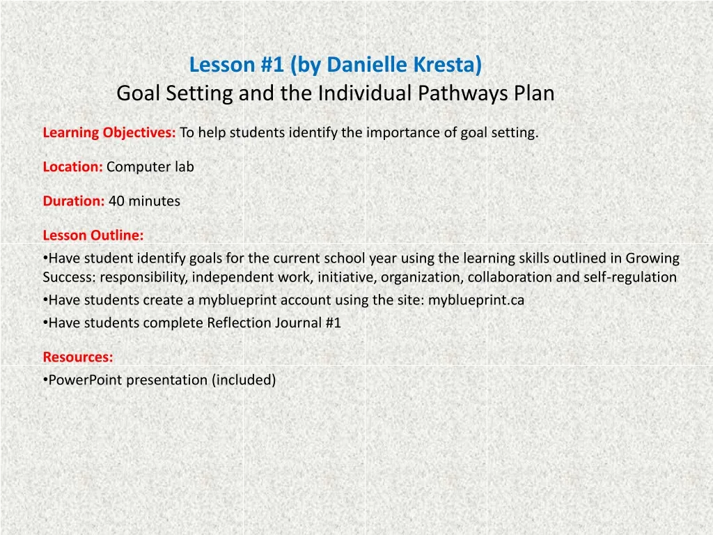 lesson 1 by danielle kresta goal setting and the individual pathways plan