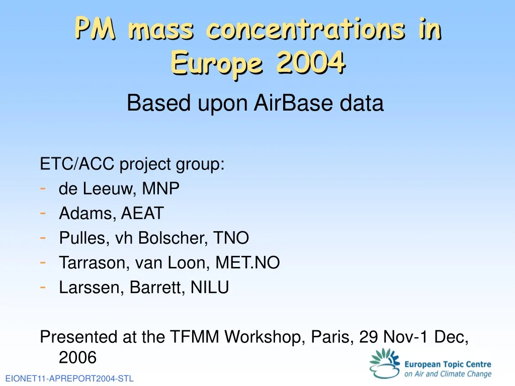 pm mass concentrations in europe 2004