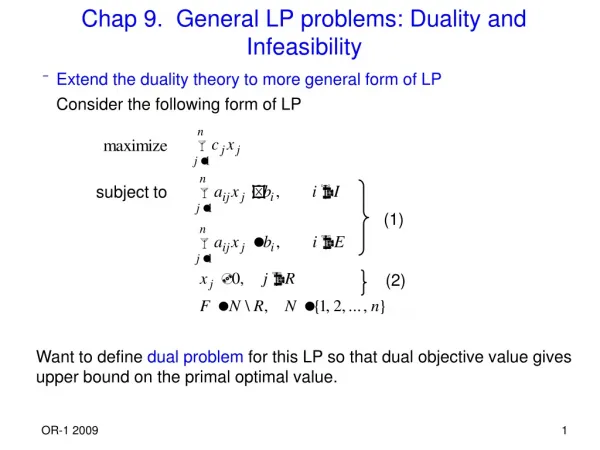 Chap 9. General LP problems: Duality and Infeasibility