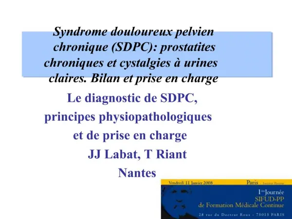 Syndrome douloureux pelvien chronique SDPC: prostatites chroniques et cystalgies urines claires. Bilan et prise en cha