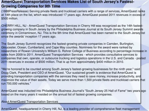 AmeriQuest Transportation Services Makes List of South Jerse