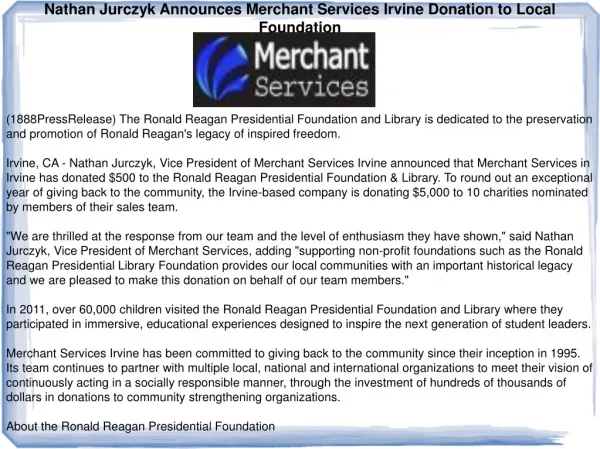 Nathan Jurczyk Announces Merchant Services Irvine Donation t