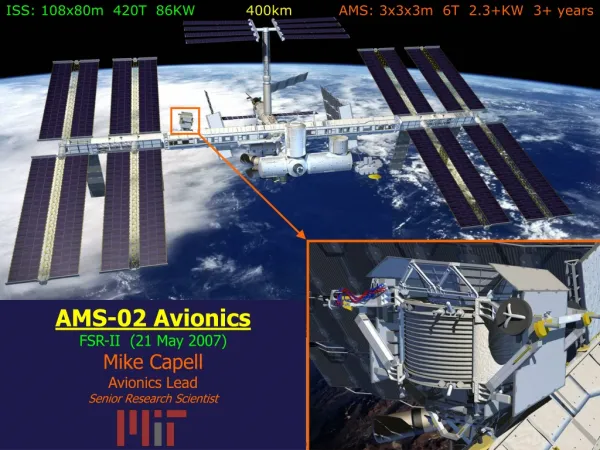 ISS: 108x80m 420T 86KW 	 400km AMS: 3x3x3m 6T 2.3+KW 3+ years