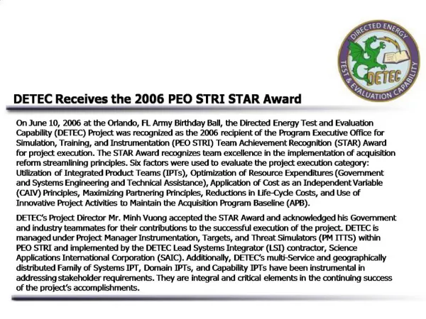 DETEC Receives the 2006 PEO STRI STAR Award
