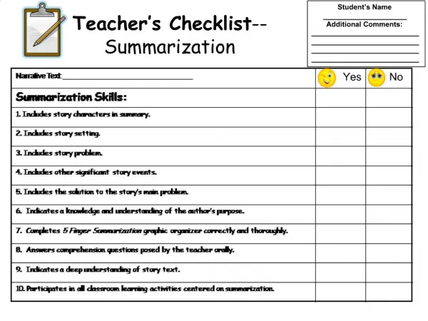 Teacher s Checklist-- Summarization